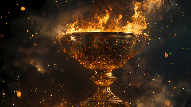 Burning Trophy: A beautifully crafted golden trophy engulfed in flames, set against a dark and smoky backdrop, symbolizing intense competition and the heat of victory.
