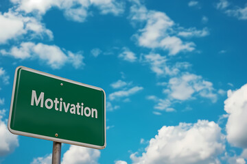 Motivation Sign Under the Blue Sky: A road sign displays the word "Motivation" against a vibrant blue sky with fluffy clouds, embodying a sense of direction, encouragement, and optimism.
