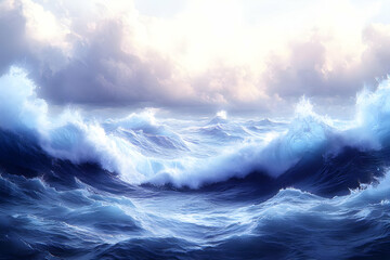 Fototapeta premium Dramatic Ocean Waves Crashing Under Cloudy Sky in the Horizon Landscape
