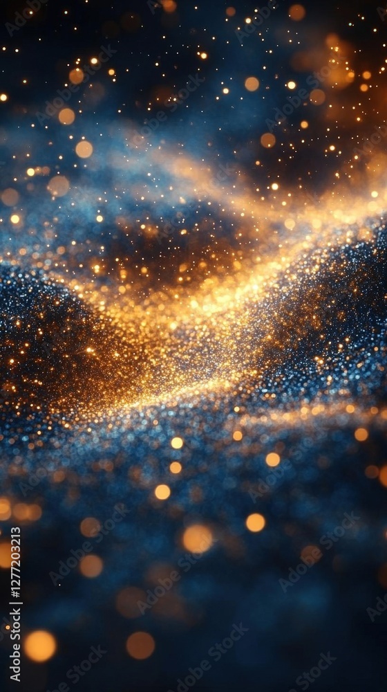 Poster abstract golden glittering particles on blue background with bokeh lights vertical