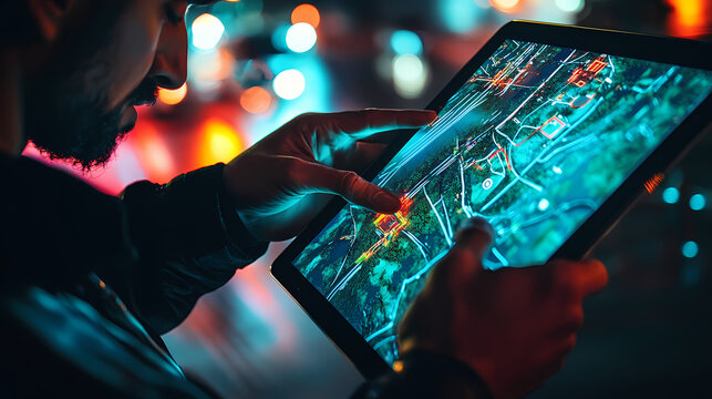 Close-up of a delivery driver using a tablet with ai navigation tools to find the most efficient routes for multiple stops. Nightmare Realm Overgrowth. Illustration