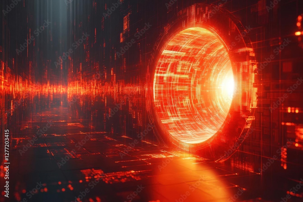 Poster abstract red data tunnel with geometric patterns and bright glowing light and vibrant effects