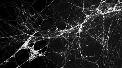 Delicate white spider webs on a black background, a banner with a copy space area generative ai. Nightmare Realm Overgrowth. Illustration