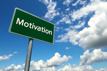Motivation Sign Under Cloudy Sky: A vibrant green road sign, emblazoned with the word "Motivation," points the way forward against a backdrop of a dynamic sky filled with fluffy clouds.