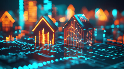 Dynamic visualization of real estate market trends, showcasing rising graphs and futuristic home icons, symbolizing growth. Nightmare Realm Overgrowth. Illustration