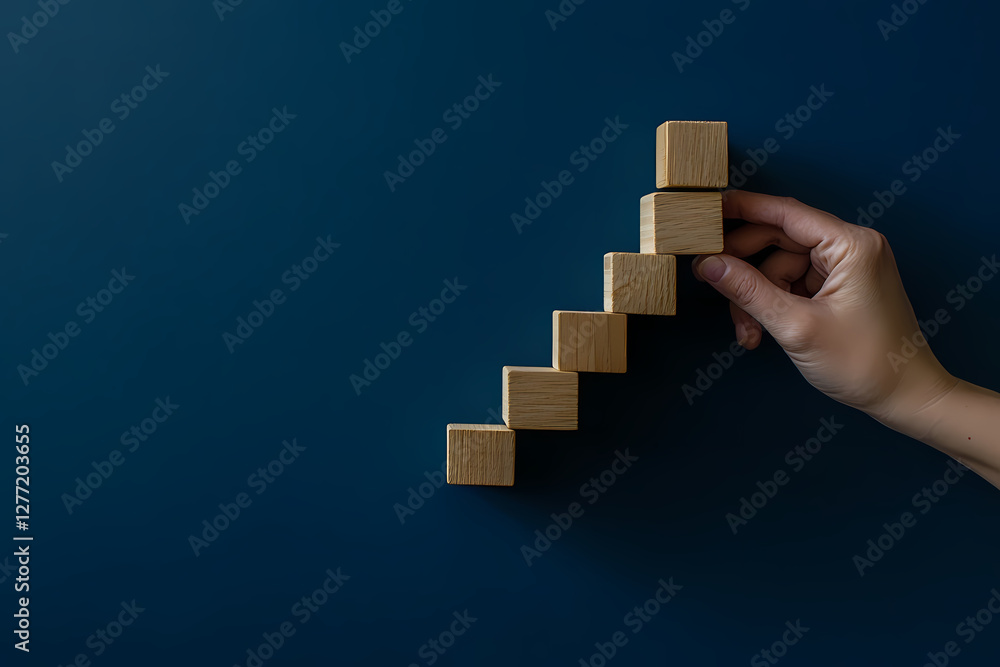 Poster building the future: a hand meticulously arranges wooden blocks to form an ascending staircase again