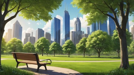 Naklejka premium City Park. A bench in a beautiful city park among green trees and grass against the backdrop of large skyscrapers and buildings. The concept of a comfortable and environmentally friendly city.