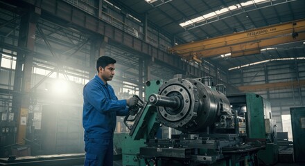 Fototapeta premium Skilled technician operating machinery in a spacious industrial workshop with overhead cranes
