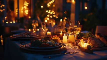 Outdoor Dinner Setting at Night Under String Lights