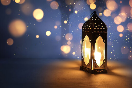 Ornamental dark Moroccan, Arabic lantern on table burning at night. Glittering bokeh lights. Greeting card for Muslim community holy month Ramadan Kareem, Eid Mubarak. Festive background. - Powered by Adobe