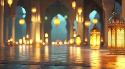 Ramadan Kareem: Festive Mosque Background with Elegant Arabesque Design. Perfect for greeting cards, invitations, social media posts, and website     