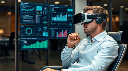 Businessman sit on chair using vr glasses to view educational material and financial documents, graphs and tables online, financier inside office at workplace