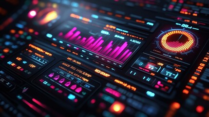 Futuristic digital dashboard displaying vibrant data visualizations and analytics metrics