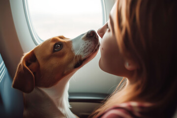 A dog lovingly nuzzles a woman's face as they sit by an airplane window. The warm light highlights their bond and the joy of traveling together