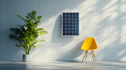 Embracing the Sun: A stylish interior scene with a solar panel installation, a vibrant plant, and a modern yellow chair, all bathed in natural light.