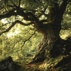 Majestic Sentinel of the Forest: An Ancient Tree's Timeless Grace Amidst Nature's Serenity