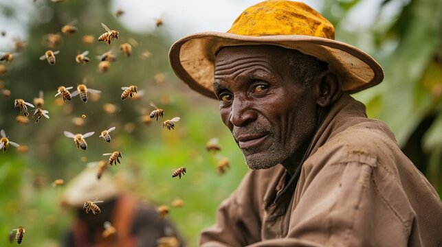 Elderly African beekeeper surrounded by bees. - Powered by Adobe