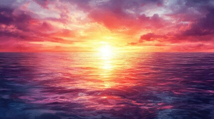Colorful sunset over ocean, vibrant hues, tranquil seascape