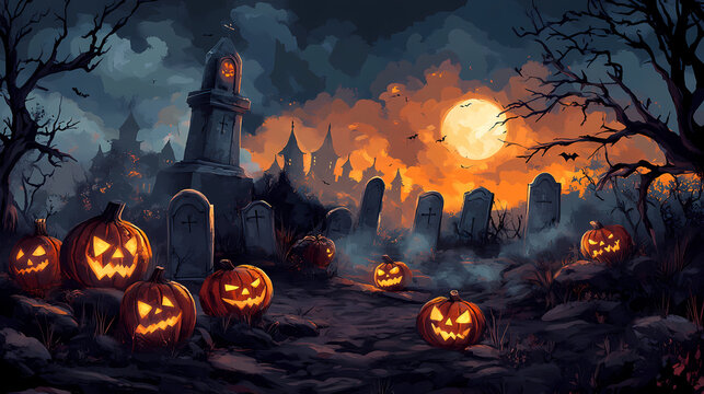 Eerie graveyard with jack o' lanterns: haunting halloween scene for marketing, events, and seasonal content. Ghostly Flickering Lanterns. Illustration