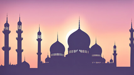 A stunning mosque silhouette at sunrise, bathed in soft hues of gold and pink. The intricate minarets and domes reflect Islamic architecture, evoking a serene and spiritual ambiance.