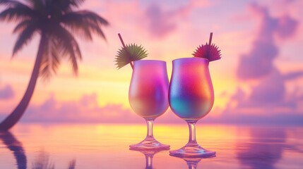 Colorful drinks at sunset beach. Possible stock photo use