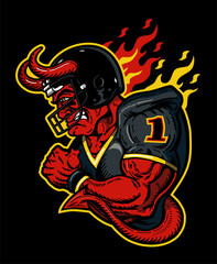muscular devil mascot wearing football helmet and flames for school, college or league sports