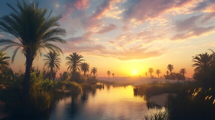 Stunning sunrise over peaceful desert oasis high resolution wallpaper