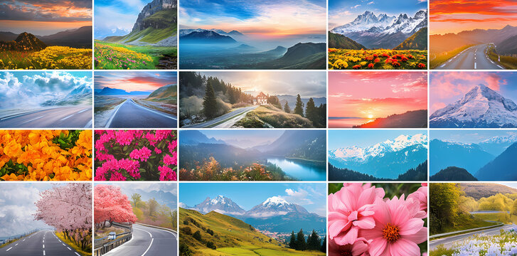 Scenic Panorama Collage: A captivating compilation of diverse landscape images, each portraying a unique perspective of nature's splendor, with various views such as mountain range, road, and flowers.