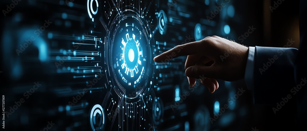 Aufkleber RPA automation in business processes, digital data flow between apps, businessman touching network gear icon, futuristic business environment