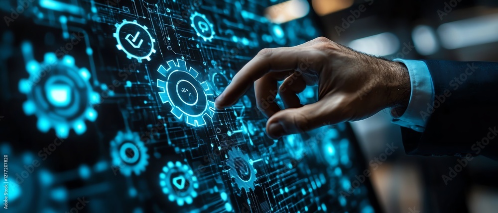 Poster RPA technology in business automation, businessman interacting with gear icons and seamless data integration across applications on a network
