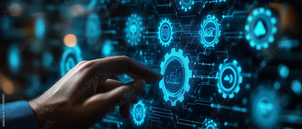 Poster RPA technology in business automation, businessman interacting with gear icons and seamless data integration across applications on a network