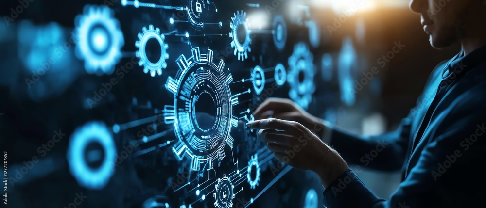 Poster RPA technology in business automation, businessman interacting with gear icons and seamless data integration across applications on a network