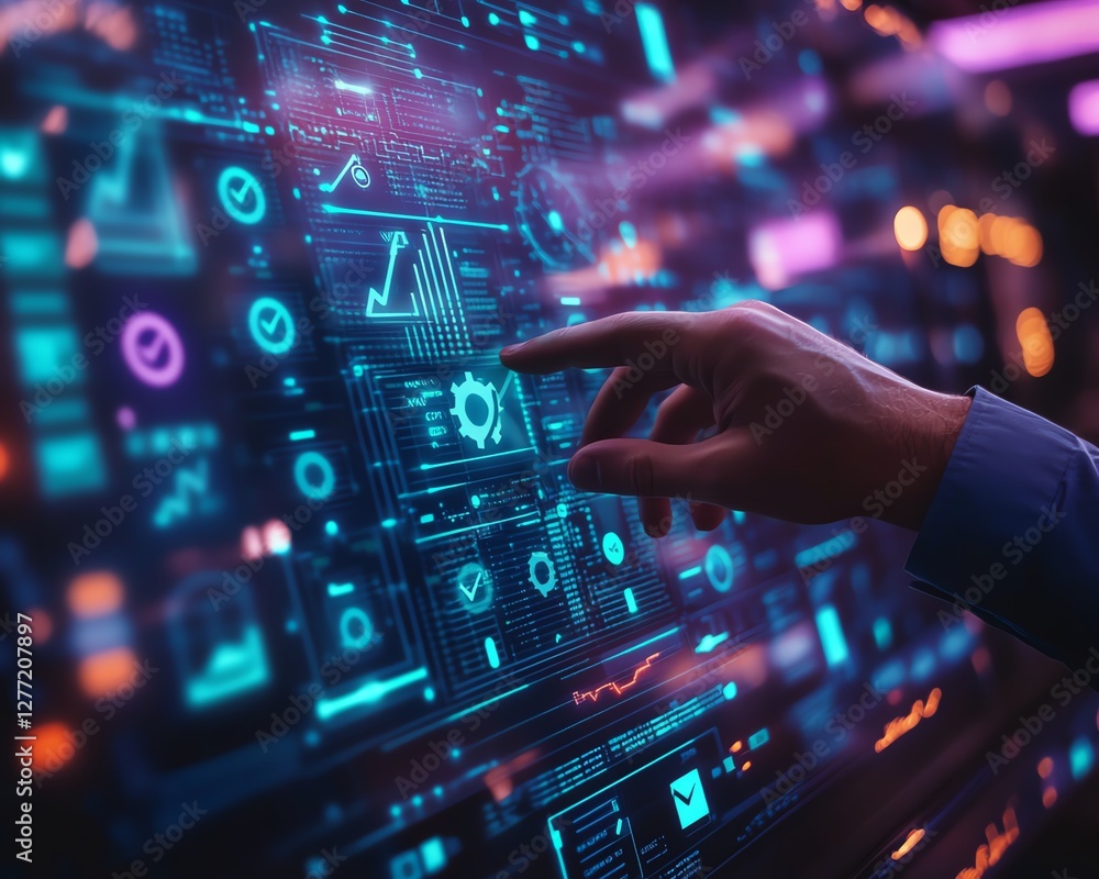 Leinwandbilder Workflow automation and flowchart visualization, businessman touching checkmark and gear icons on a business process automation BPA system