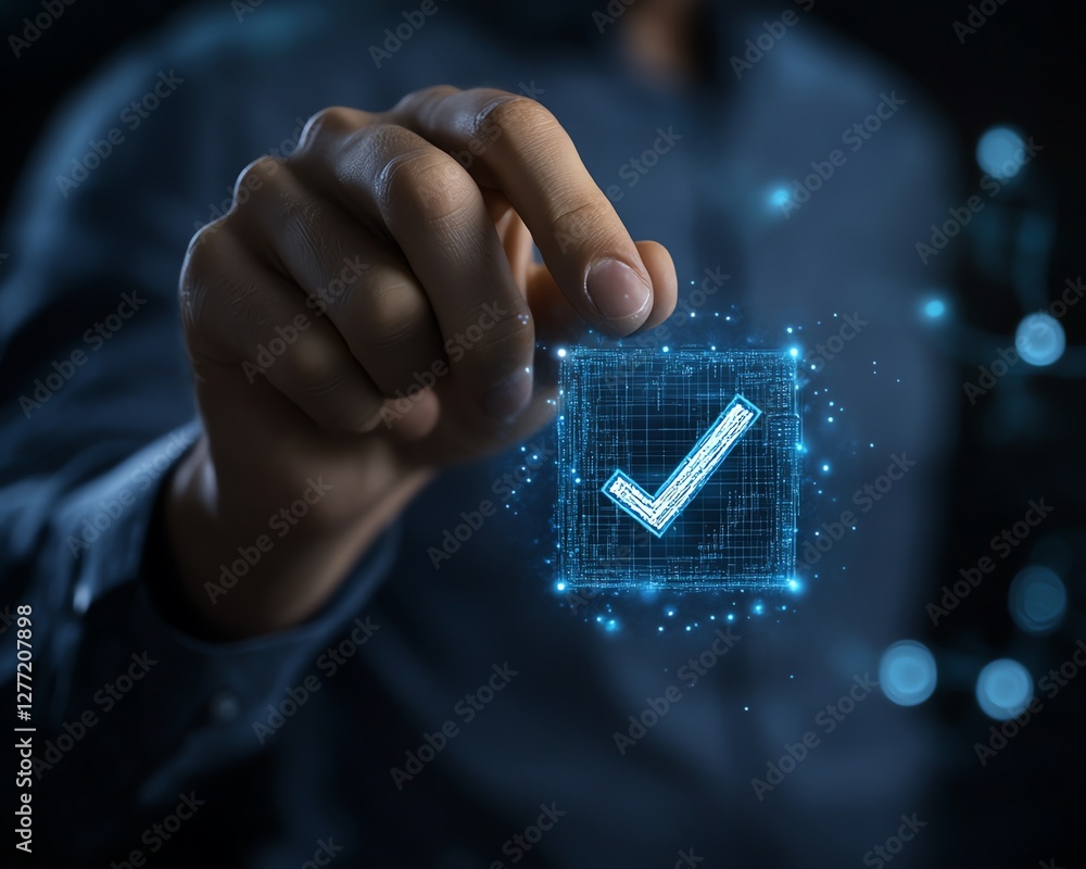 Poster Workflow automation and flowchart visualization, businessman touching checkmark and gear icons on a business process automation BPA system