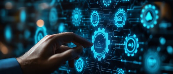 RPA technology in business automation, businessman interacting with gear icons and seamless data integration across applications on a network