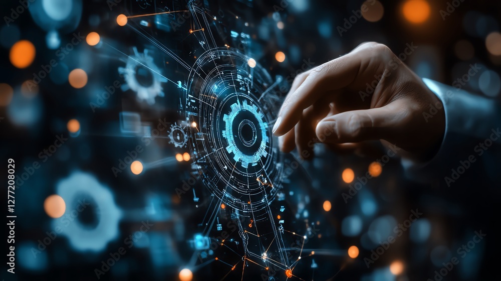 Fototapete Automation of business processes with RPA, data flowing between applications, professional businessman touching gear icon on digital interface