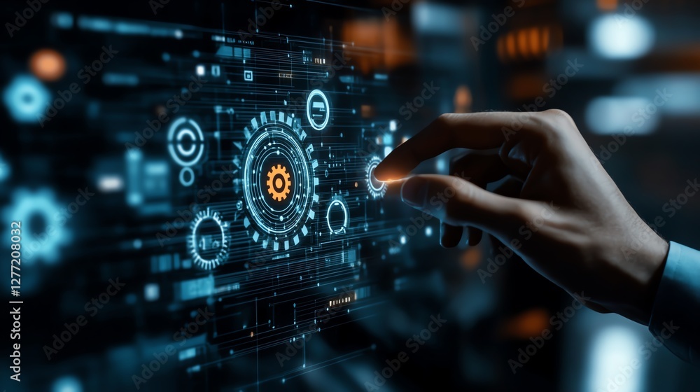 Aufkleber Automation of business processes with RPA, data flowing between applications, professional businessman touching gear icon on digital interface