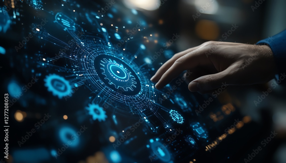 Aufkleber Business automation and RPA technology concept, data transfer between applications, businessman interacting with gears icon on digital network