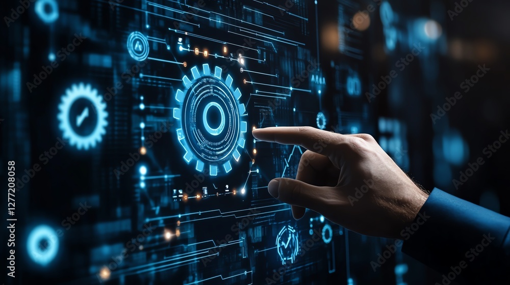 Poster Automation of business processes with RPA, data flowing between applications, professional businessman touching gear icon on digital interface