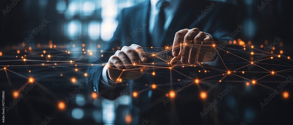Aufkleber business automation using rpa technology, digital network connections transferring data, businessman