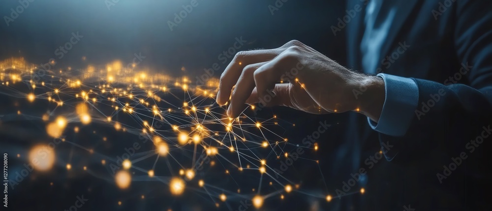 Aufkleber Business automation using RPA technology, digital network connections transferring data, businessman touching gears icon, sleek modern design