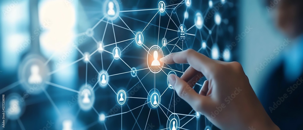 Poster Business automation using RPA technology, digital network connections transferring data, businessman touching gears icon, sleek modern design