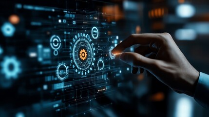 Automation of business processes with RPA, data flowing between applications, professional businessman touching gear icon on digital interface
