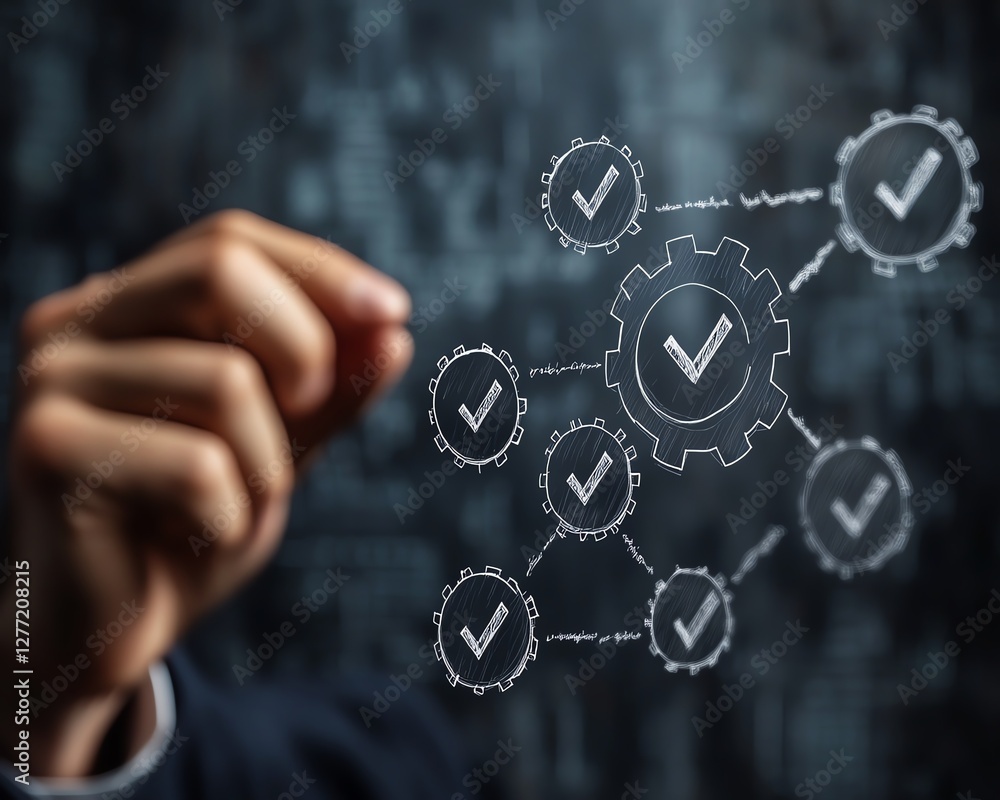 Poster business process automation technology bpa, businessman interacting with gears and checkmark icons i