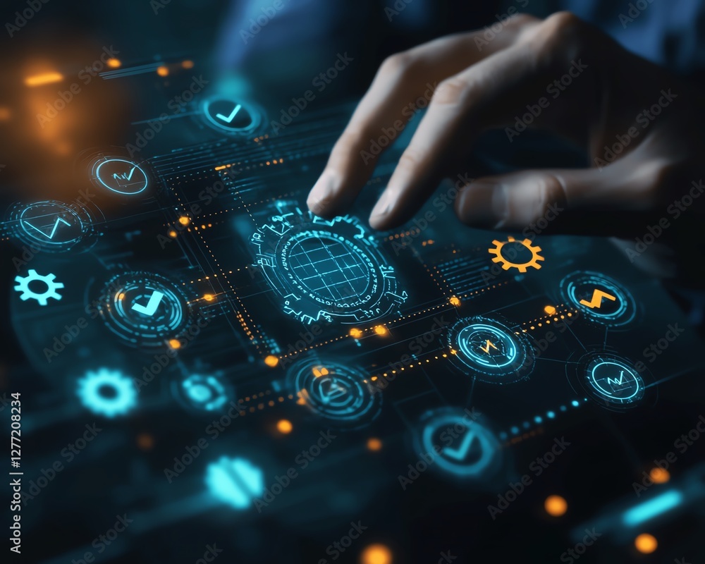 Poster Business process automation BPA flowchart, businessman activating checkmark and gear icons on a streamlined workflow, digital automation concept