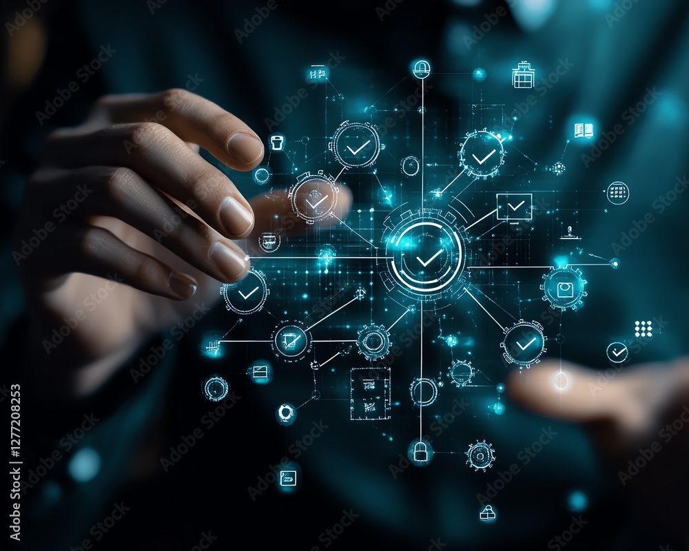 Aufkleber Business process automation BPA workflow, businessman interacting with checkmark and gear icons on a flowchart, digital automation system