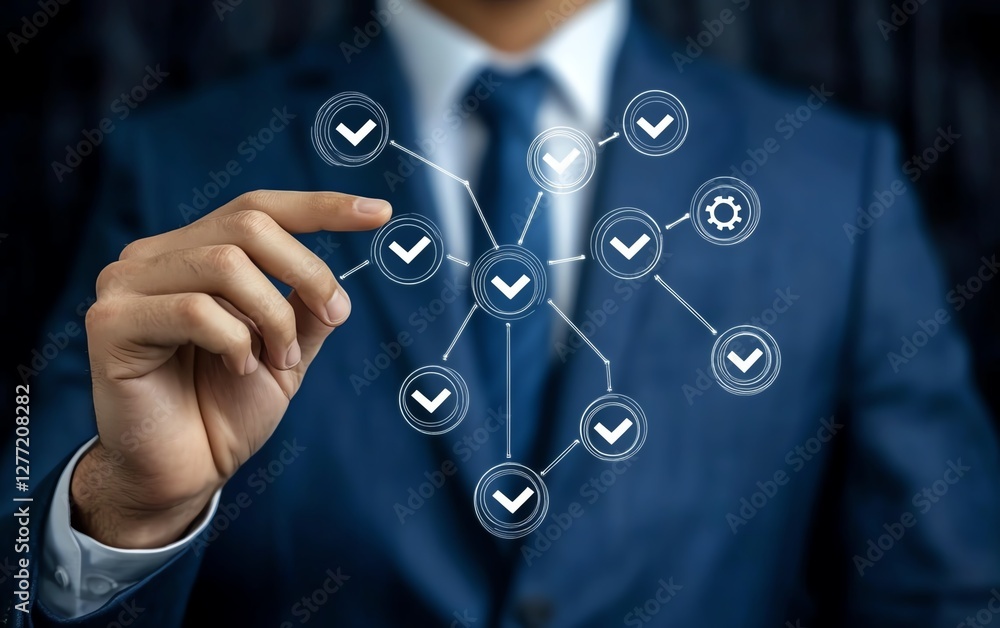 Poster Business process automation BPA system with flowchart, businessman touching checkmark and gear icons to enhance workflow efficiency