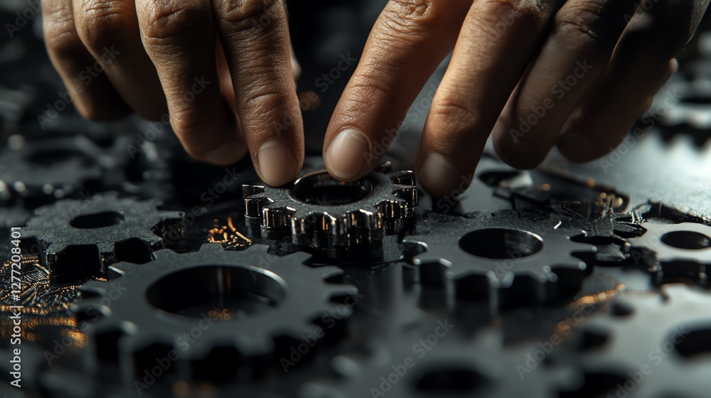 Aufkleber Businessman touching gears icon to activate robotic process automation RPA, network connection, smooth data transfer between multiple applications