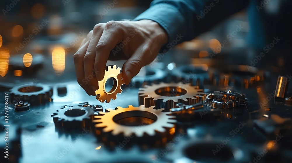 Aufkleber Businessman touching gears icon to activate robotic process automation RPA, network connection, smooth data transfer between multiple applications