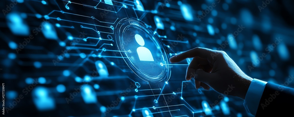 Leinwandbilder CRM concept with customer data analytics, businessman interacting with customer icon, digital marketing database system, efficient business management